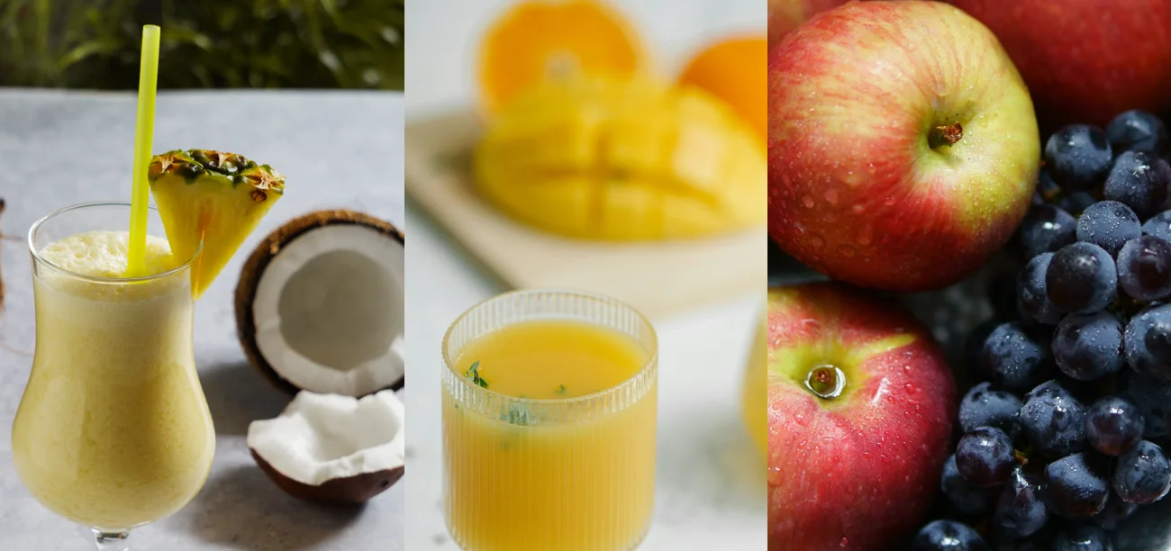 Montagem com suco de abacaxi e coco, suco de laranja e manga e maçãs e uvas.